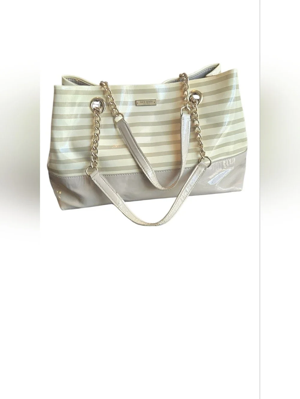 ​Kate Spade Striped Patent Leather Tote Chain Shoulder Bag Cream Beige